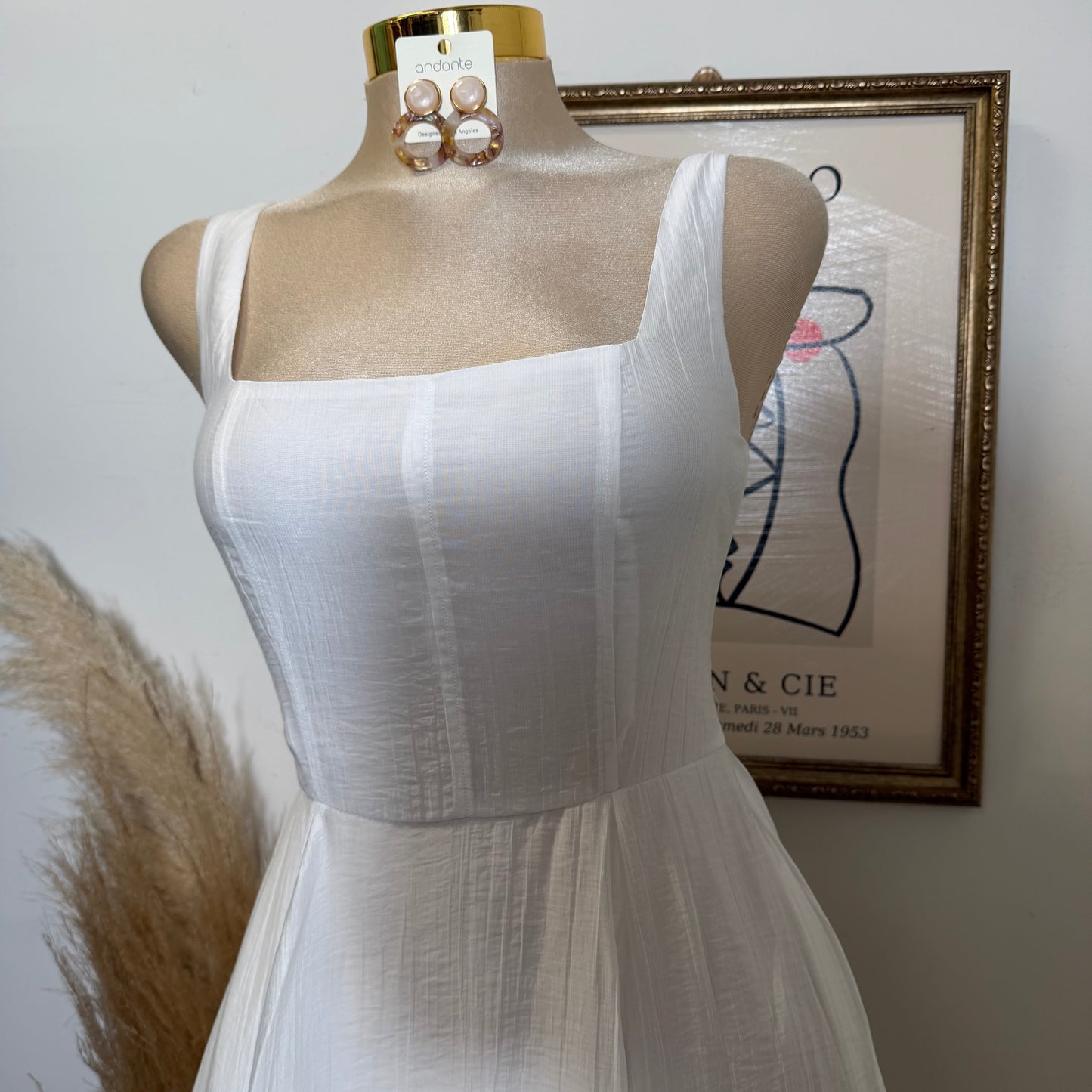 Square Neck picnic  Midi Dress-white