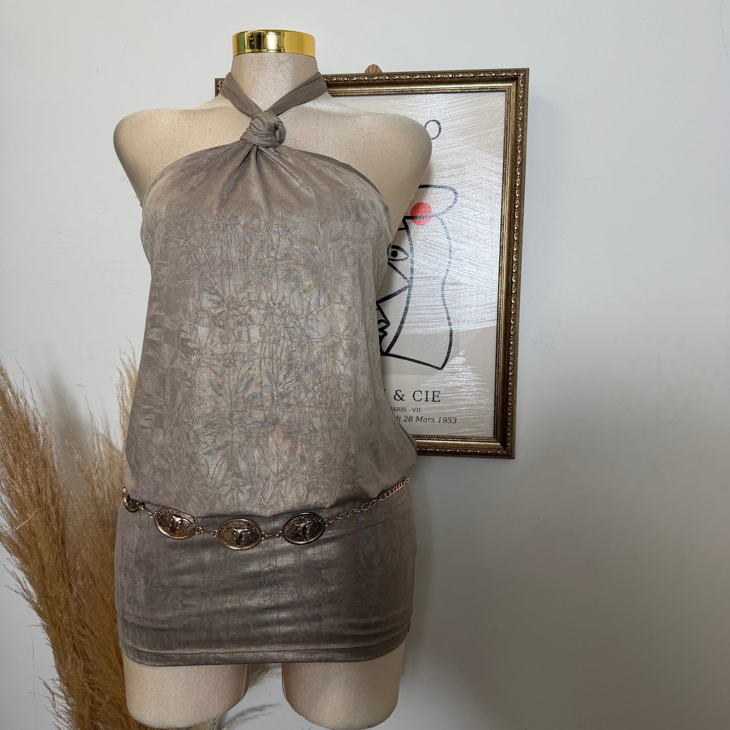 Knot Halter Blouson Bodycon Mini Dress-Mud