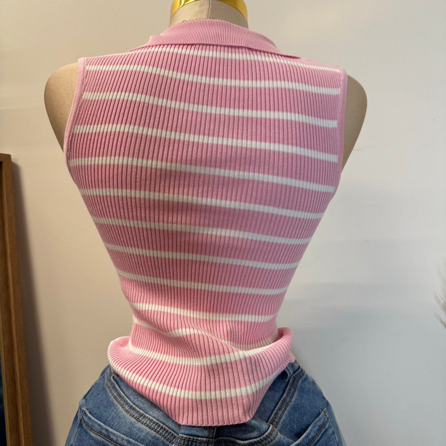 Ribbed V-Neck Tank Top -Pink/White