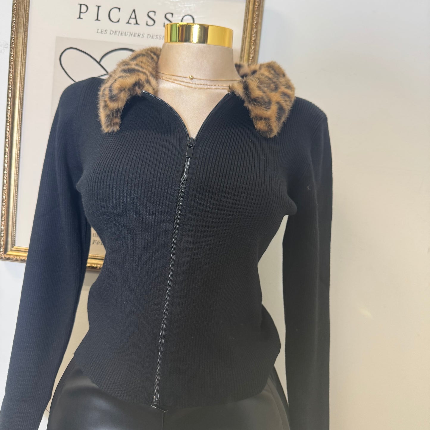 Leopard Fur Collard Double zip-Black