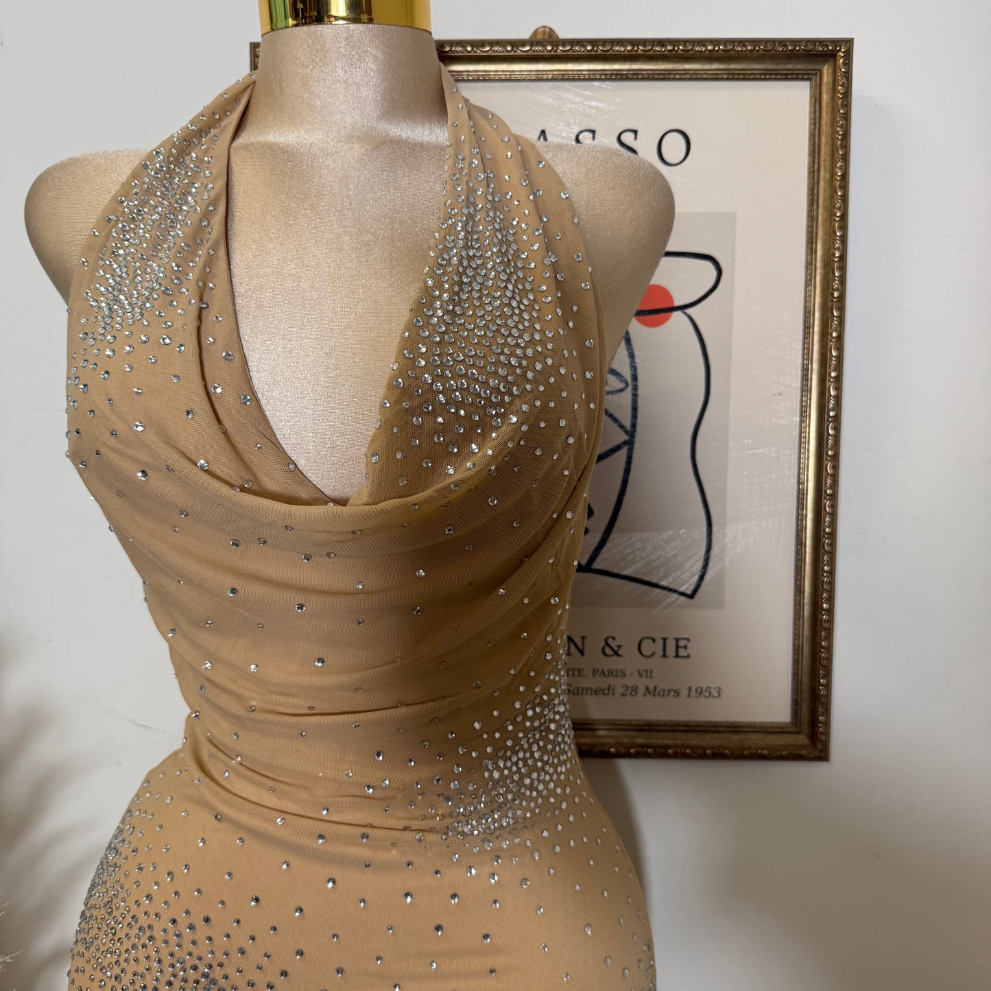Rhinestone Power Mesh Cowl Neckline Mini Dress Halter Neck Open Back-Nude