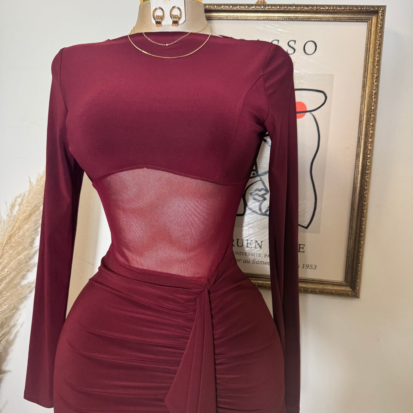 Knit Mesh Mini Dress-Burgundy