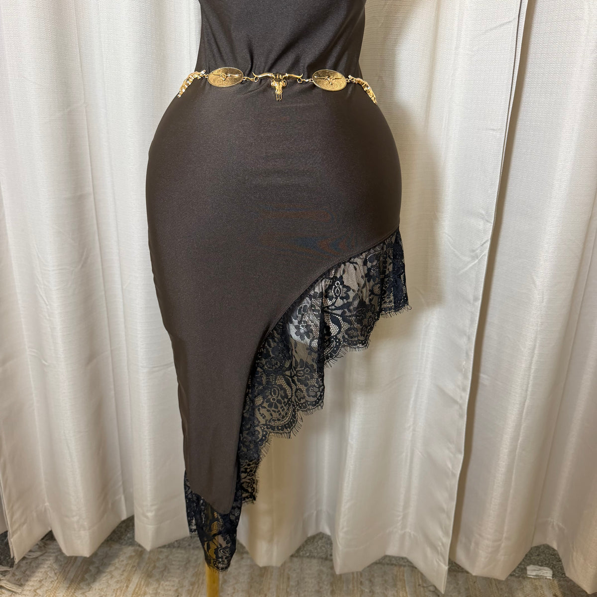 Mock neck Asymmetrical lace Detail Dress-Brown/Black