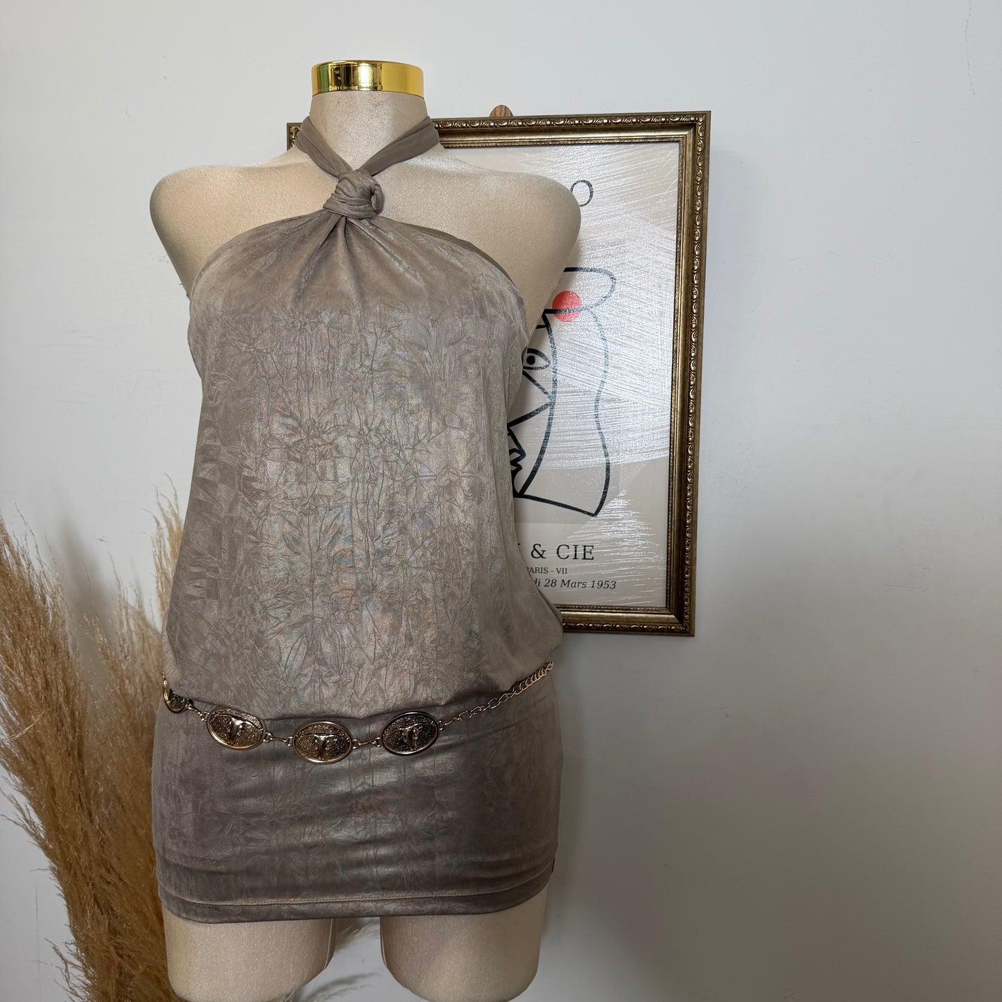 Knot Halter Blouson Bodycon Mini Dress-Mud