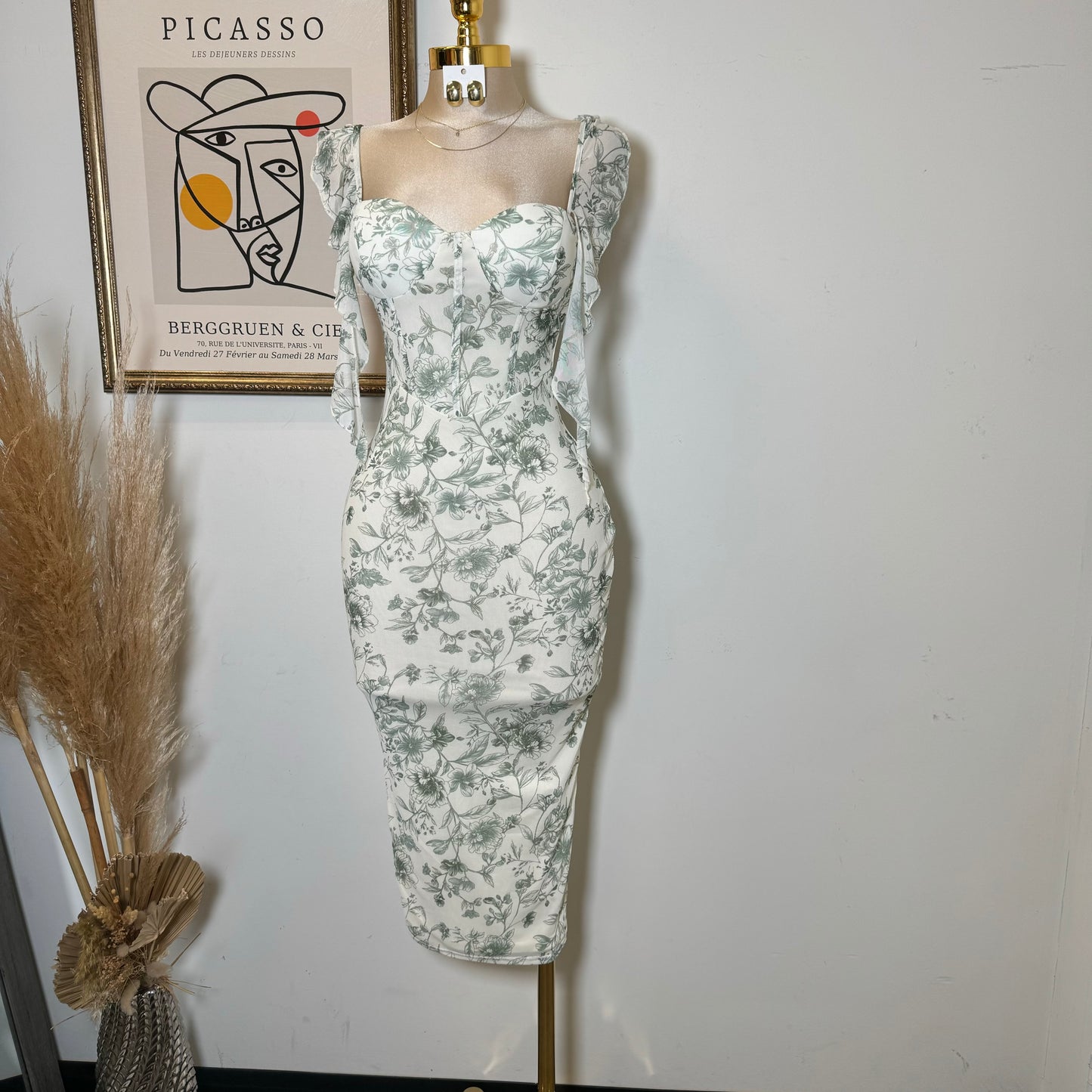 Mesh Print Ruffle Sleeve Corset Midi Dress-Sage Green
