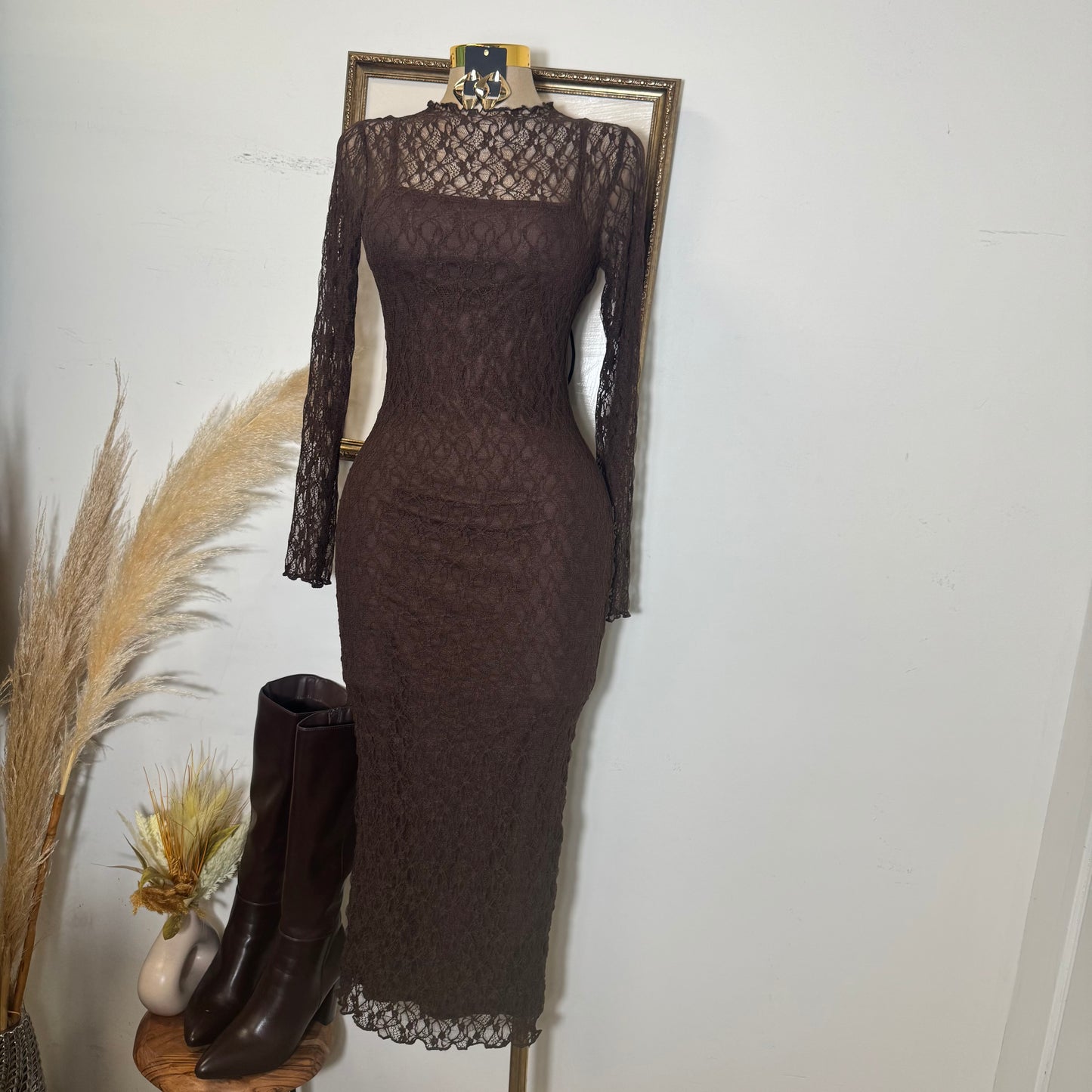 Rosie Lace Midi Dress-Brown