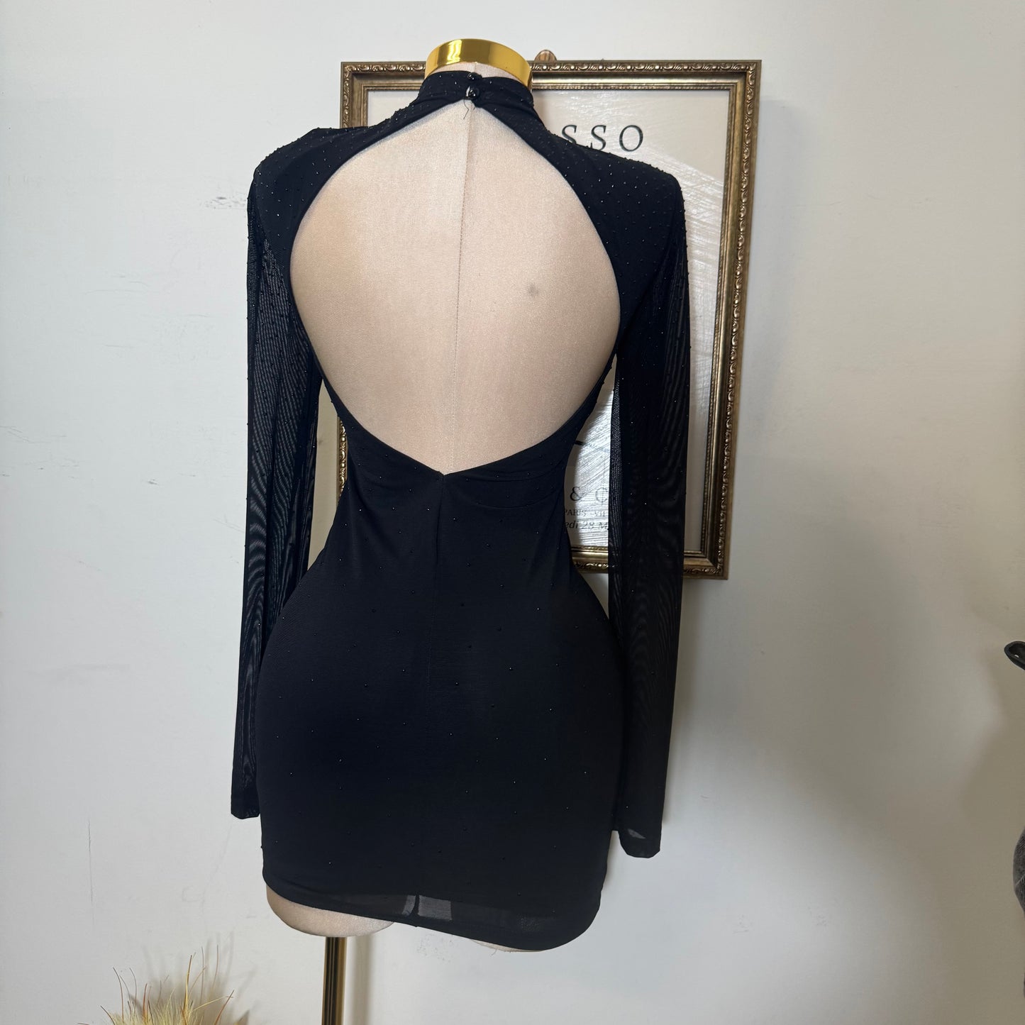 Mesh Mock Dress Rhinestone Open Back Mini Dress-Black