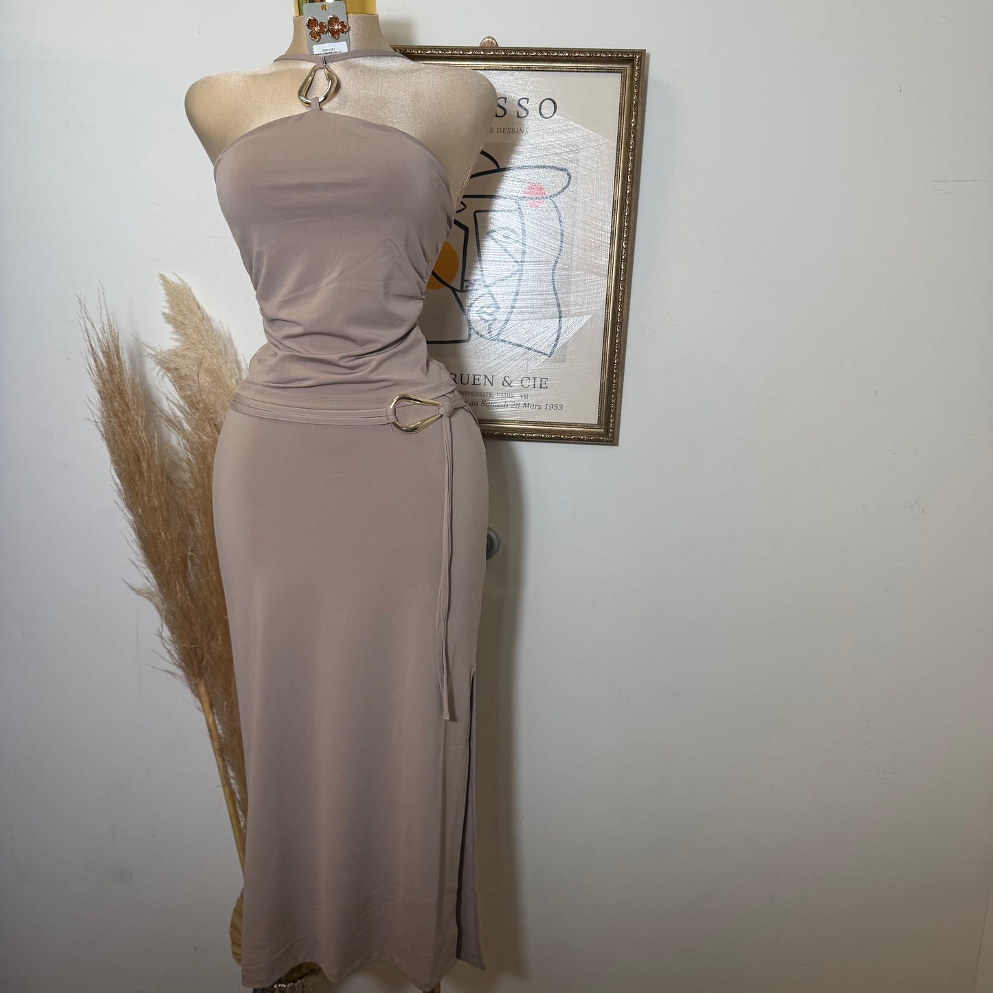 Keyhole Halter Top W/ Midi Skirt Set-Taupe