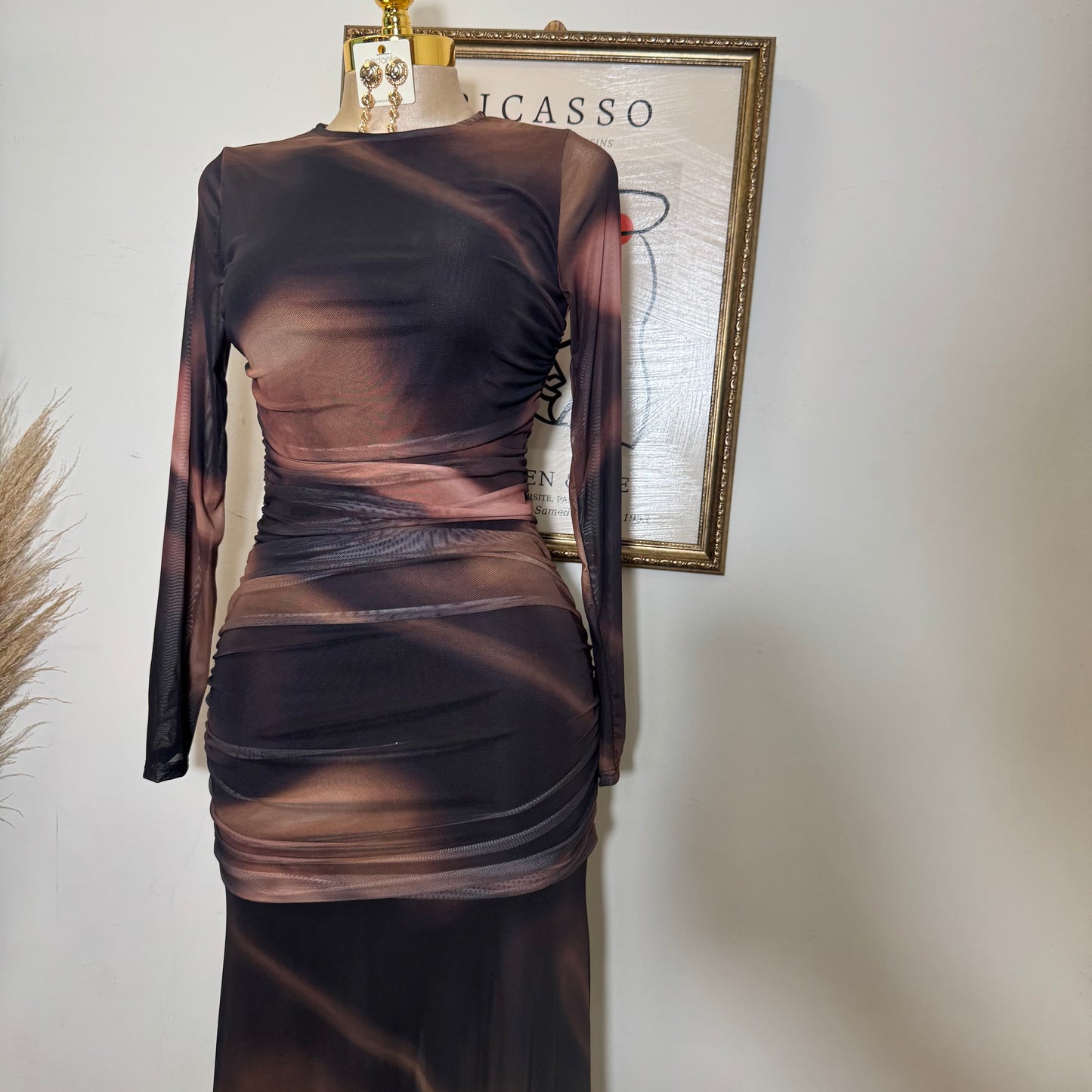 Geographic Mesh Maxi Dress-Brown Combo