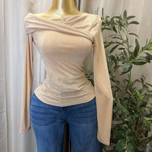 Off Shoulder twist Detail Mesh Top-Nude