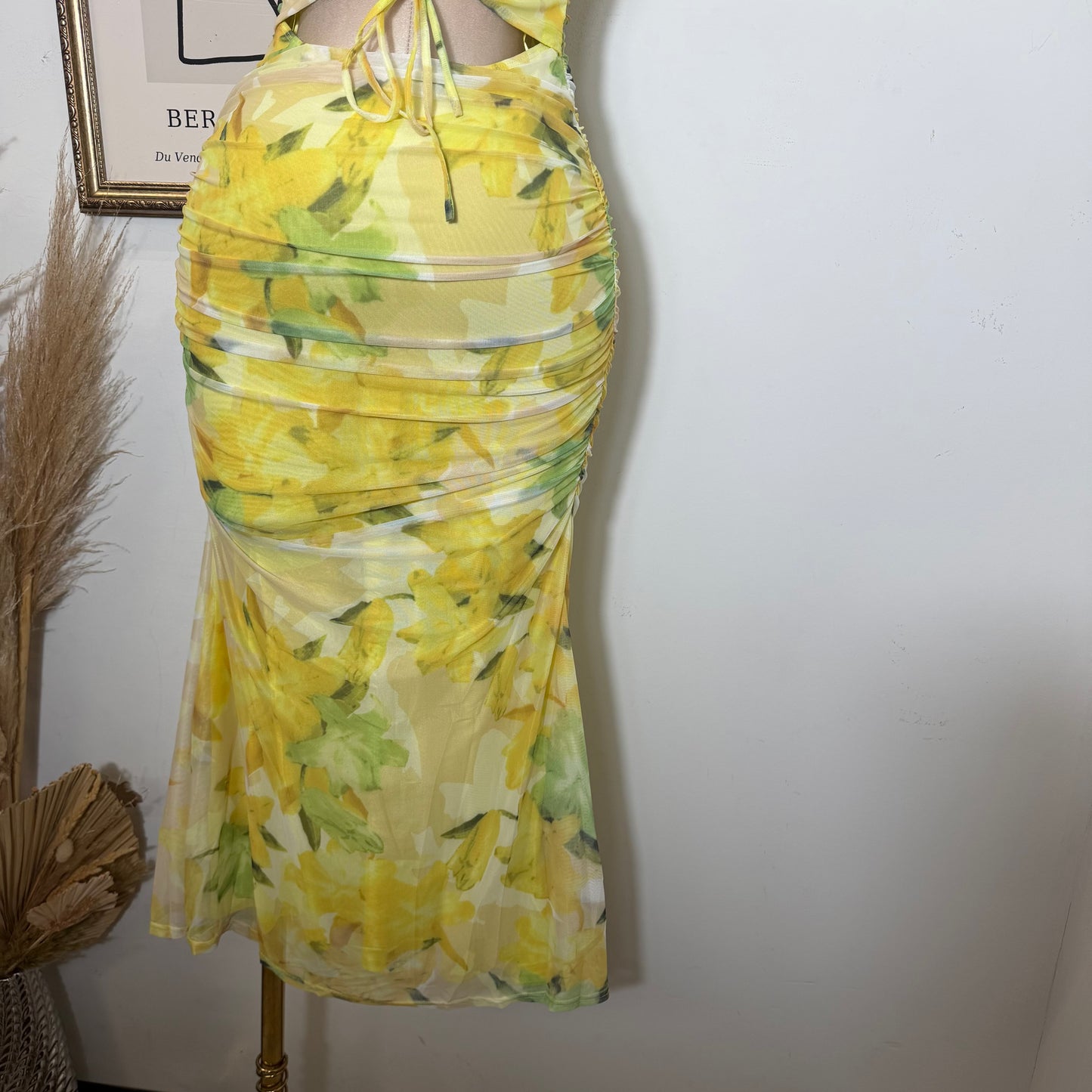Mesh Print Midi Dress-Lemon