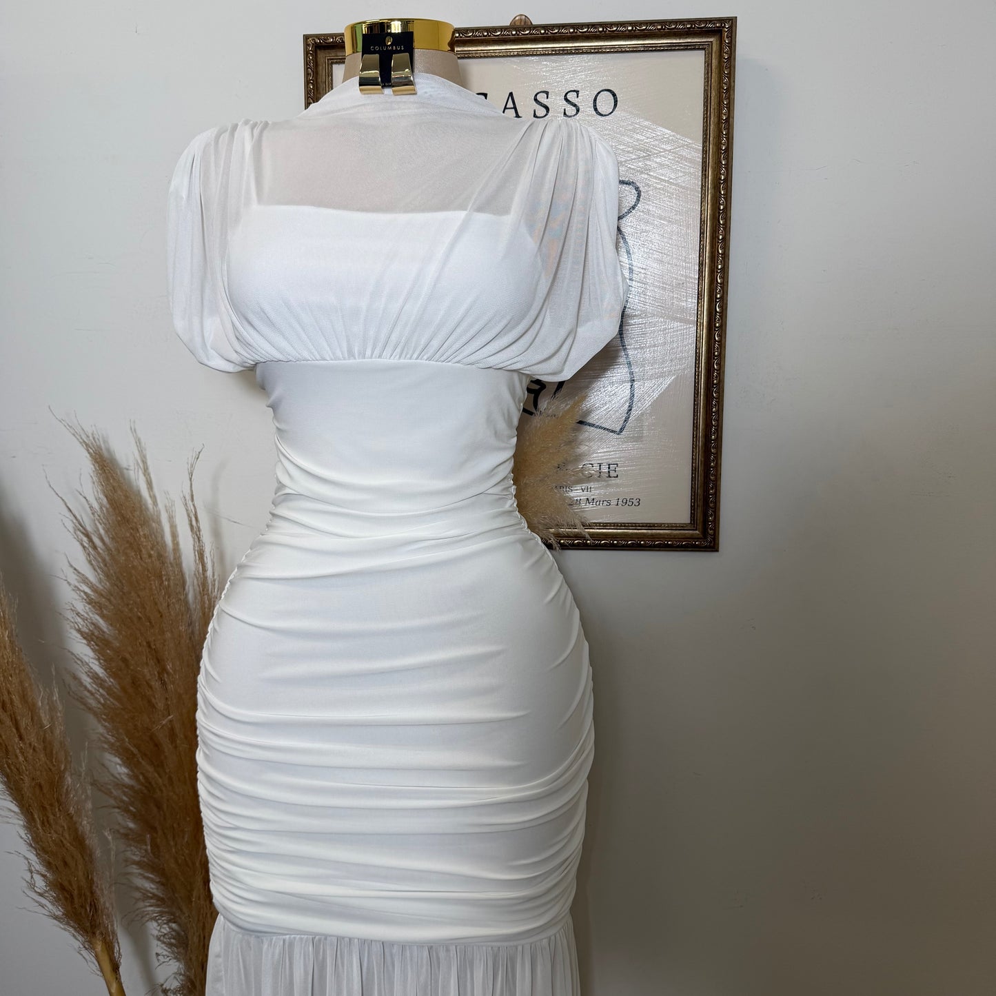 Mesh & Knit Mix Long Dress-Ivory