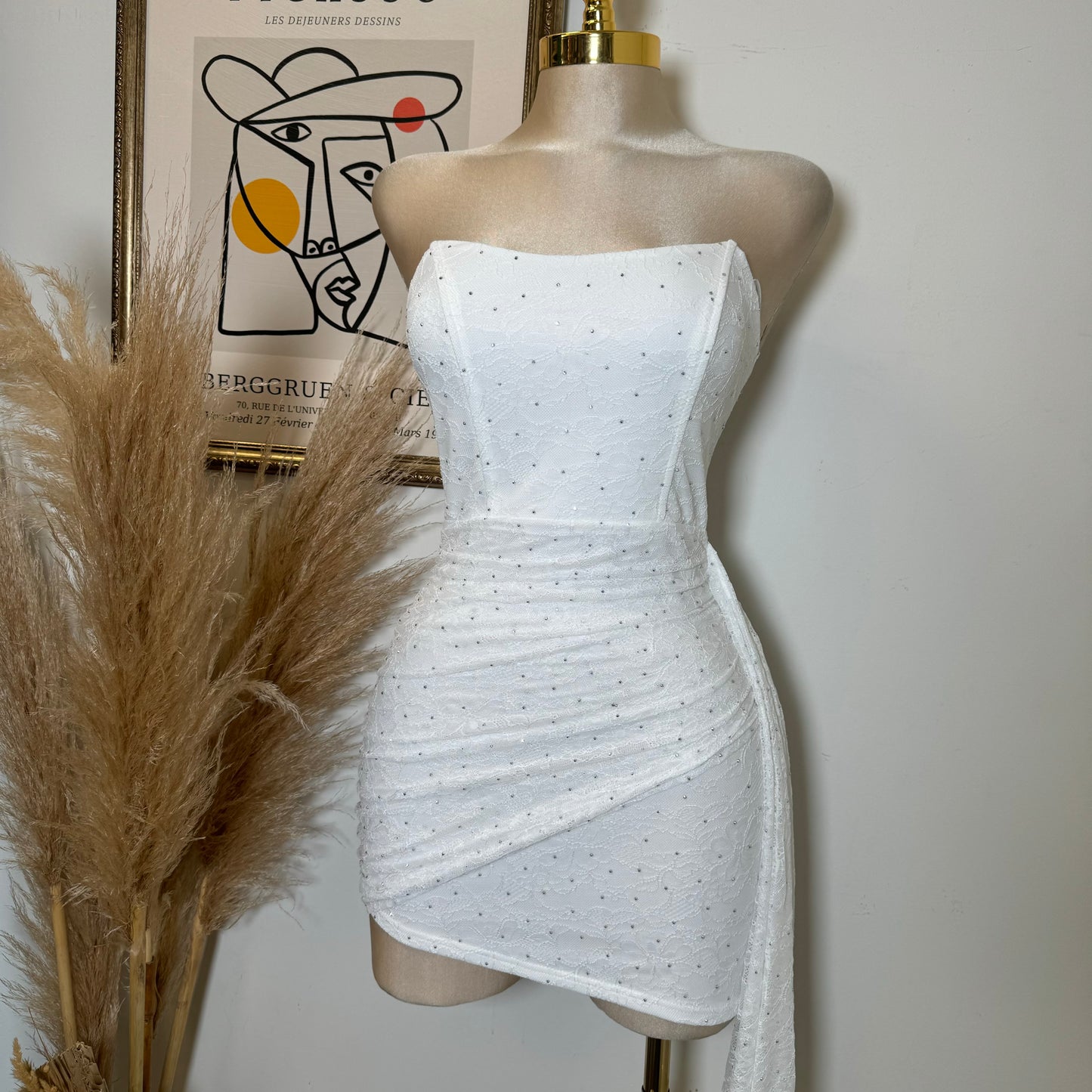 STUDD HOTFIX REGISTERED LACE STRAPLESS MINI BODYCON DRESS-White