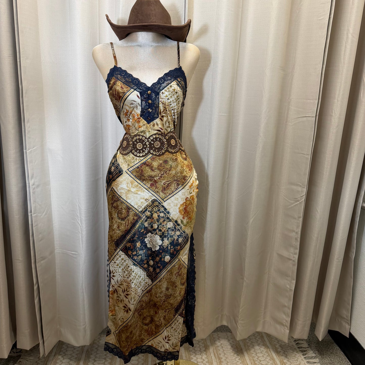 Printed Satin Lace trim Slip Dress-Brown Combo
