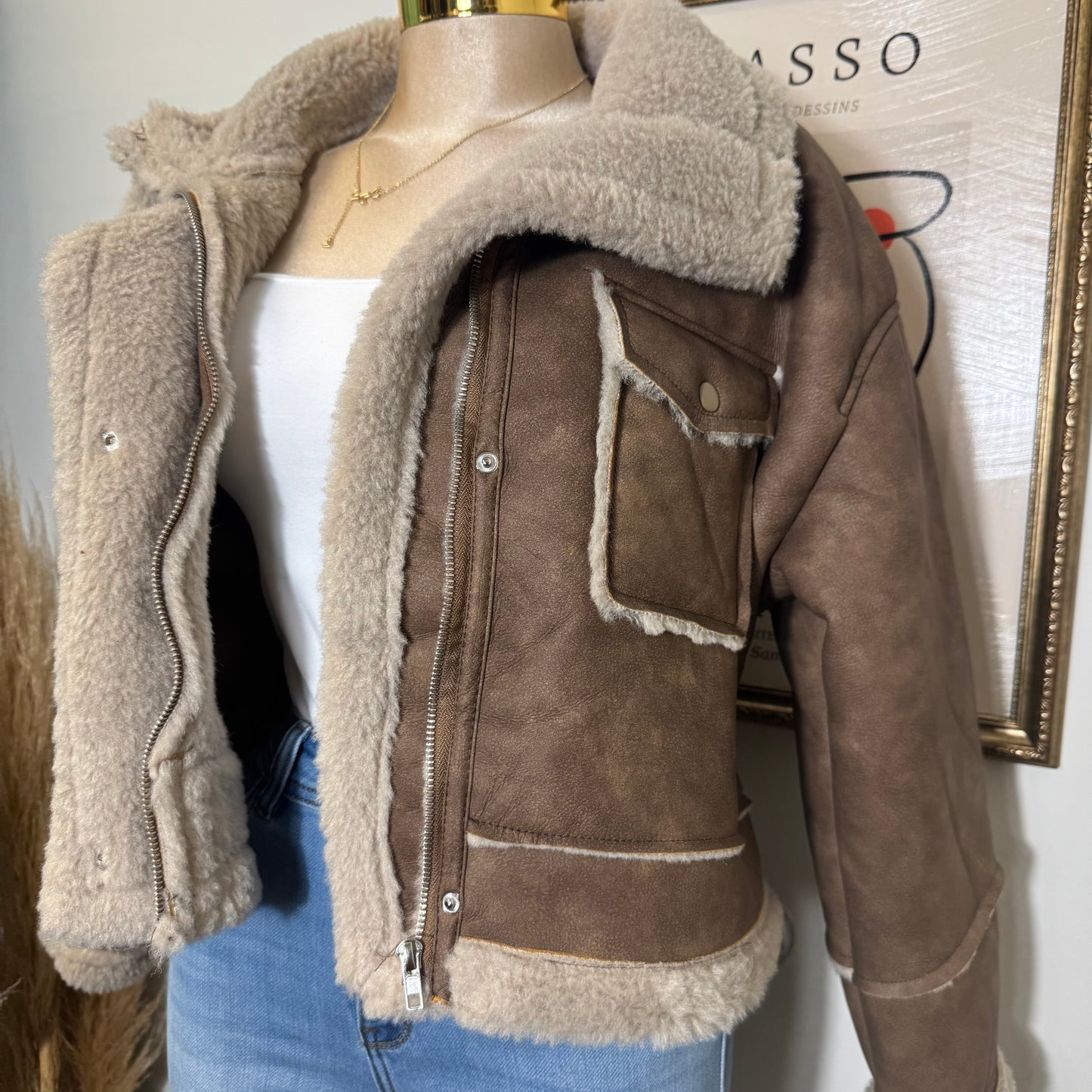 Long Sleeve Pocket Detail Faux Leather Inner Fur Jacket-Brown