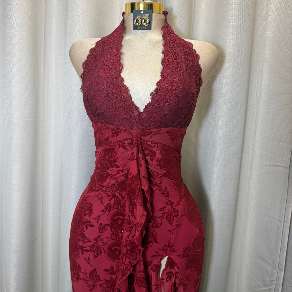 Halter Lace Detail Floral Dress-Red/Burgundy