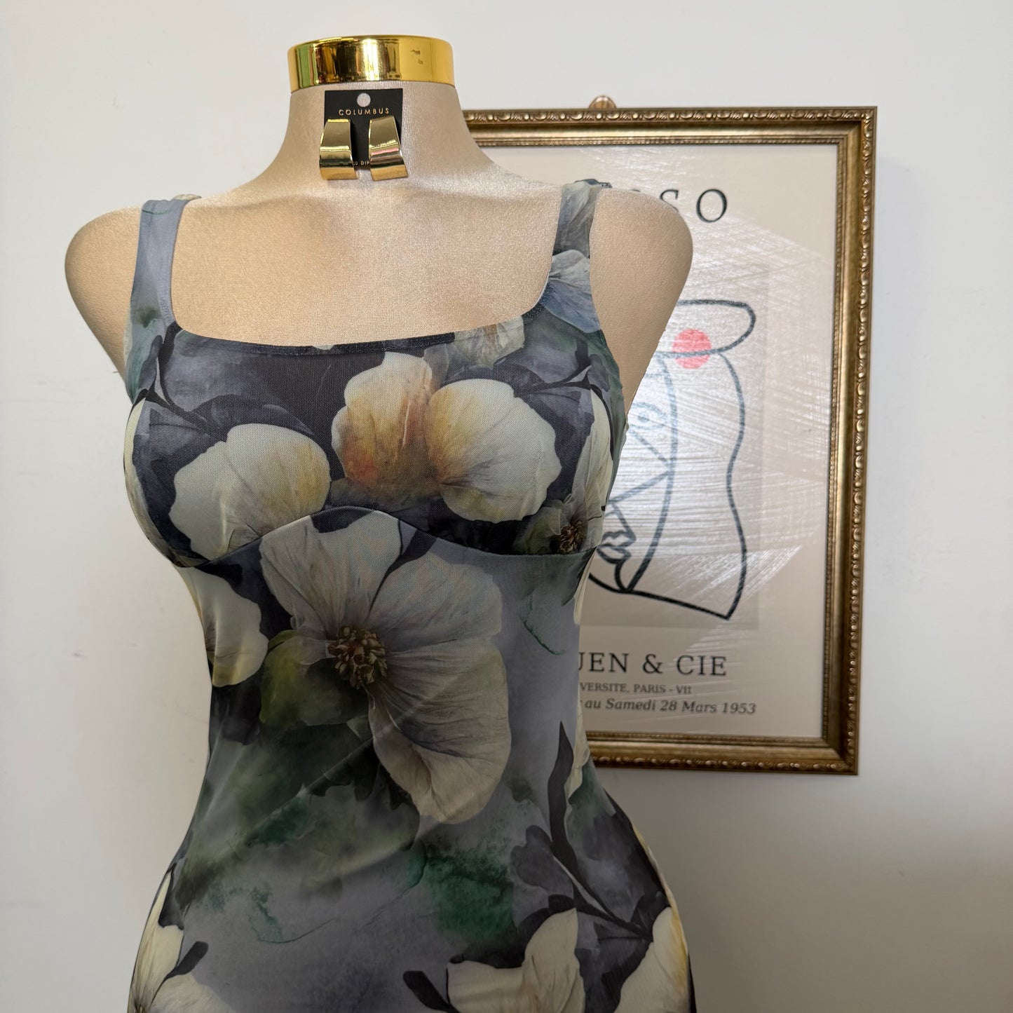 Mesh Print Midi Dress Flower Dress-Green
