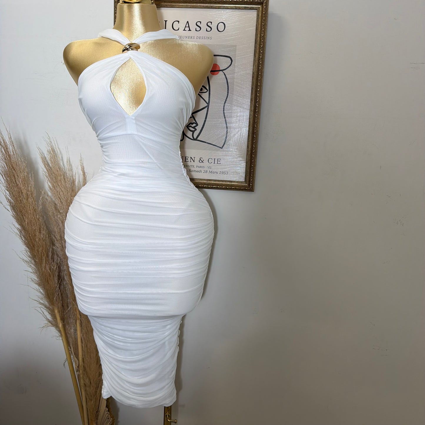 Halter Neck Trim Inset Ruched Bodycon Midi Dress-White