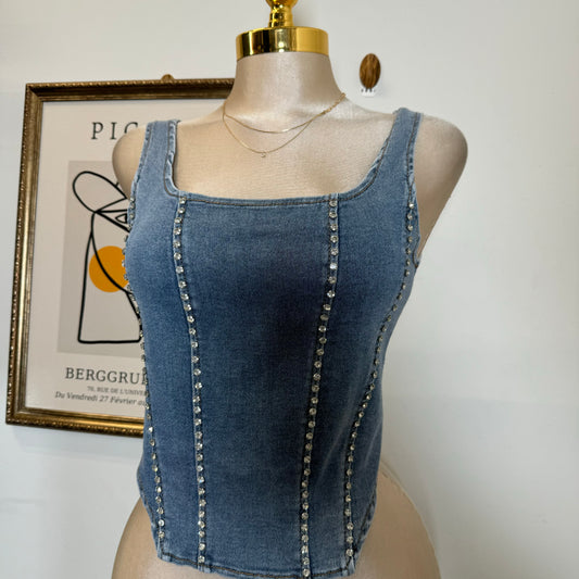 Rhinestone Denim Vest-Blue