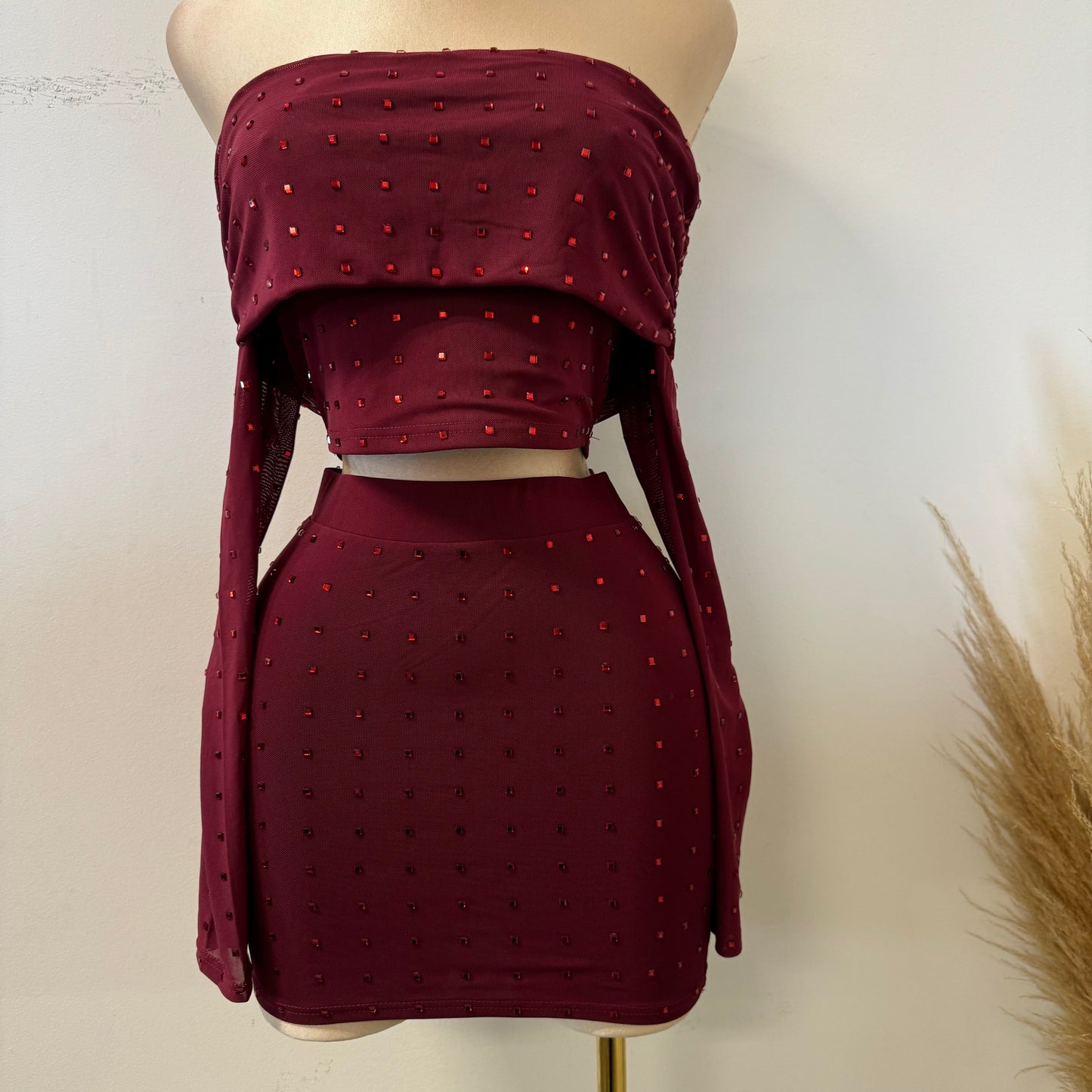 Rhinestone Skirt Set-Burgundy