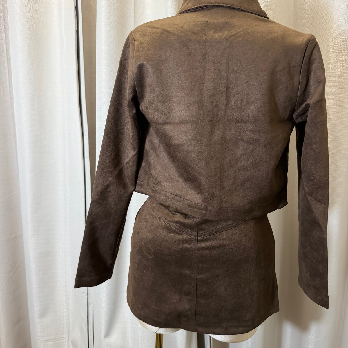 Suede skirt cropped Jacket set-Choco brown
