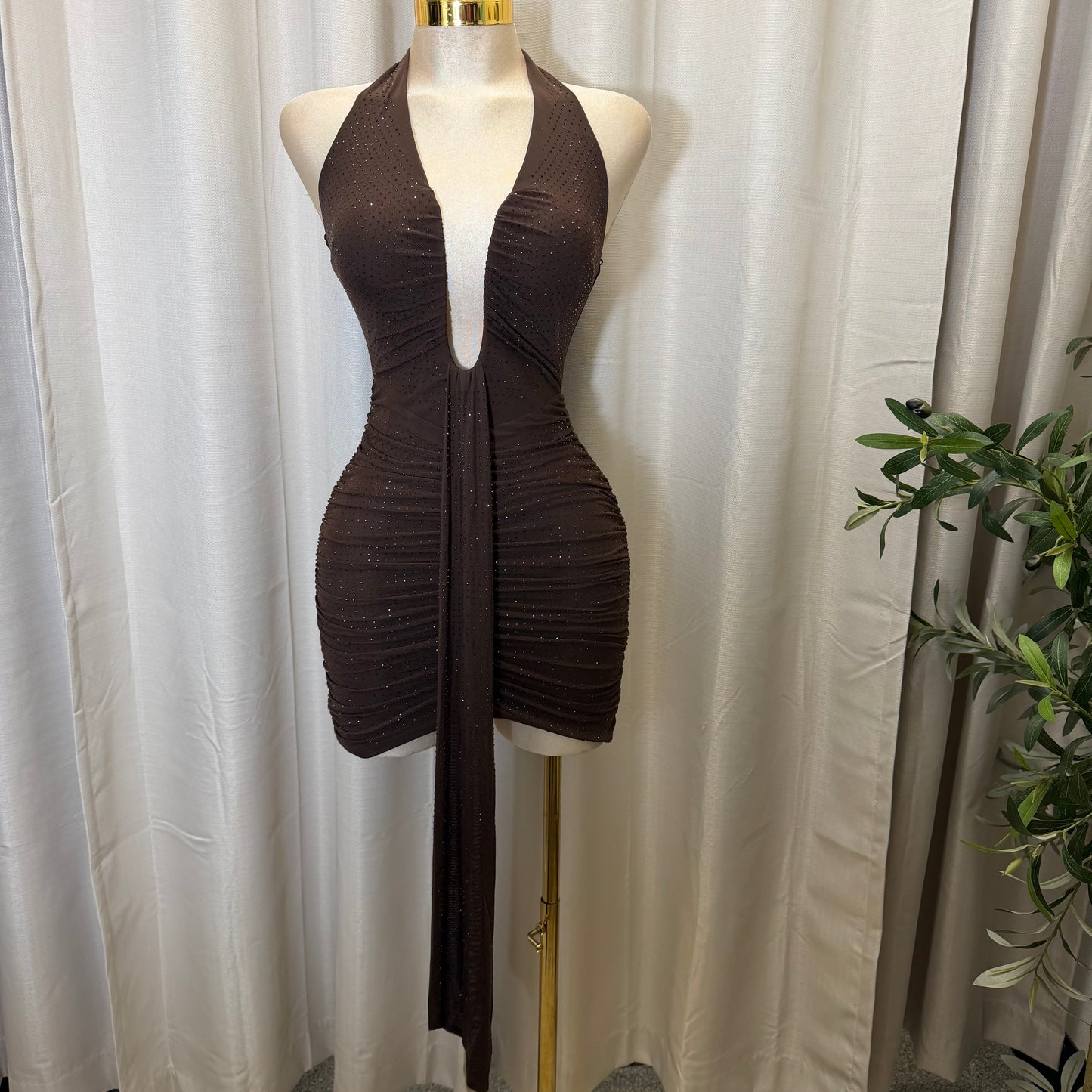 EMBELLISHED MESH COWL NECK MINI DRESS-Brown