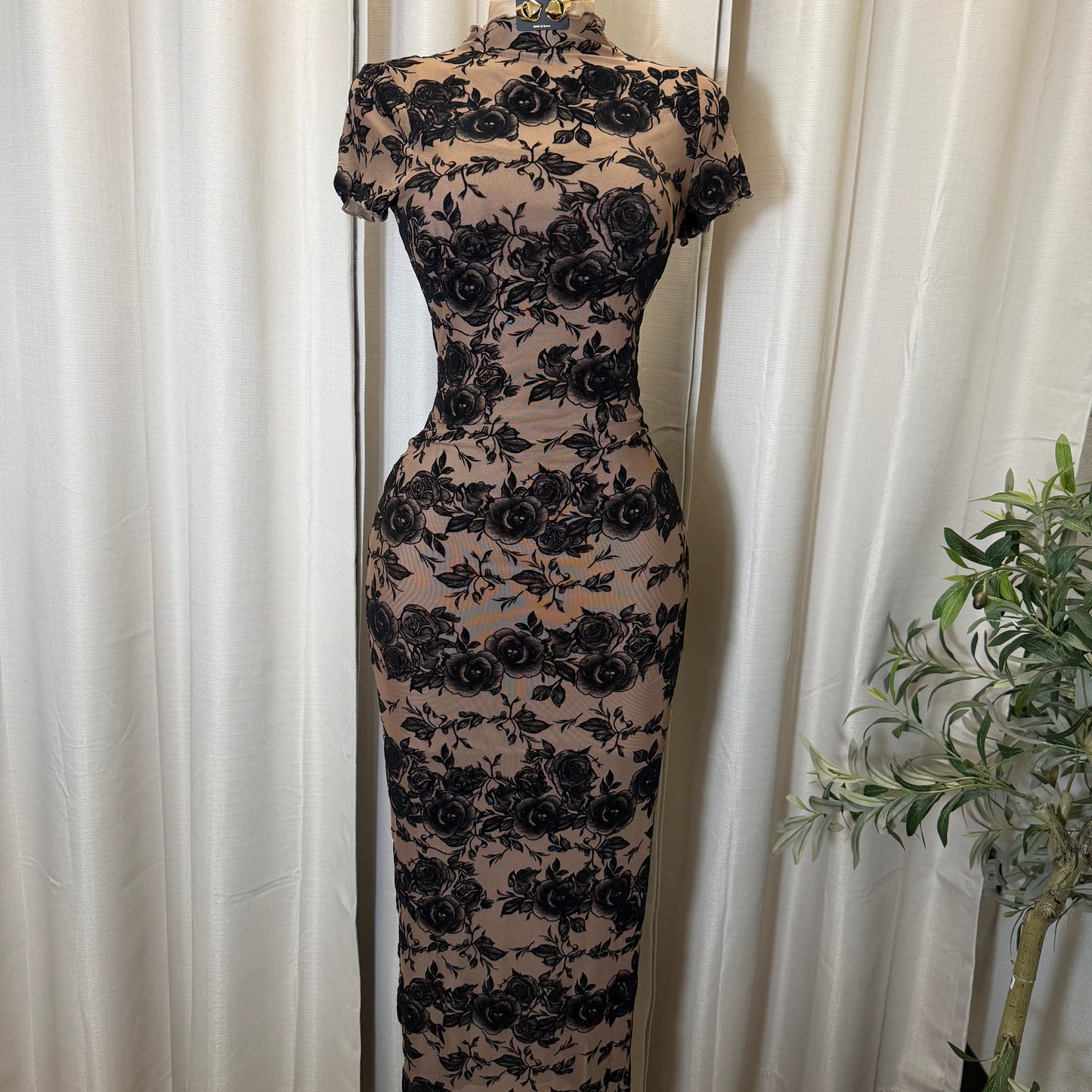 Luxi Mesh Flower Print Dress-Brown