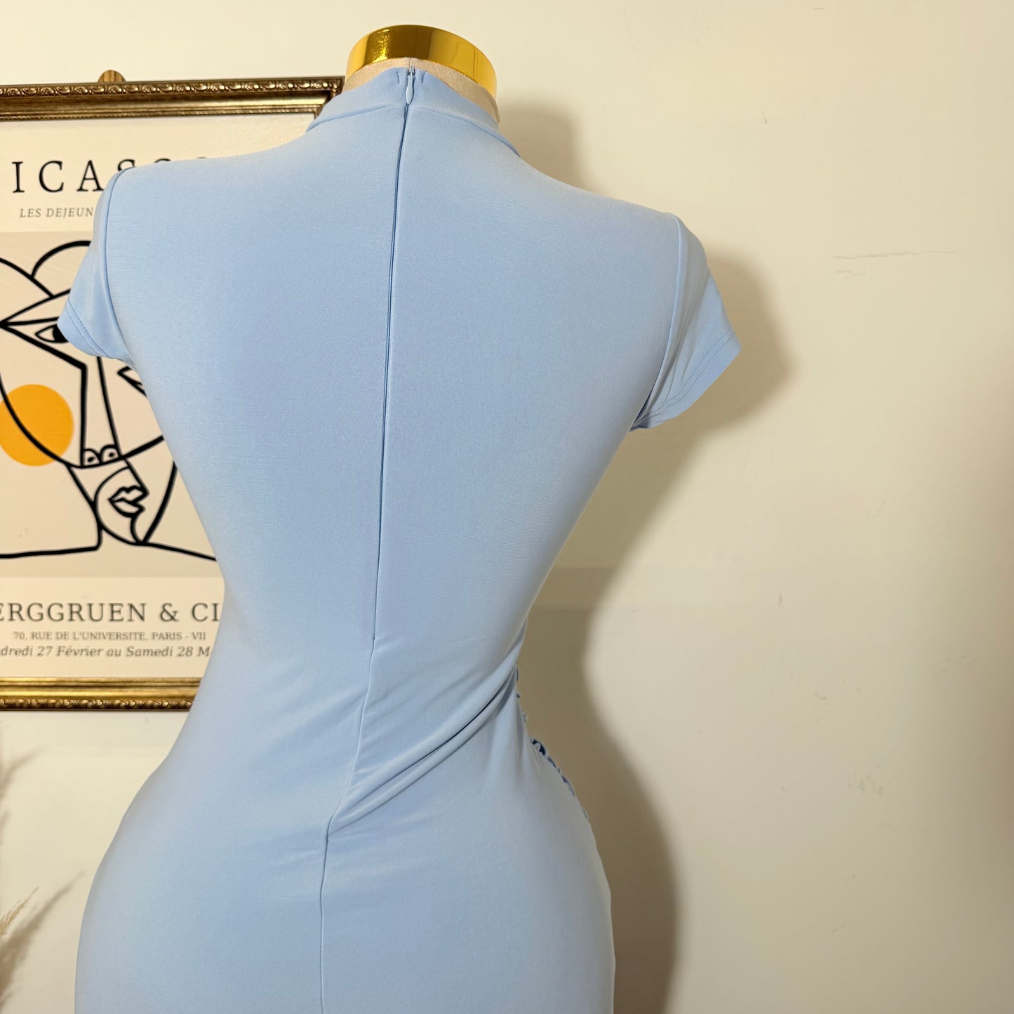 Shelf Gold Trim with Sash Detail Midi Dress-Blue