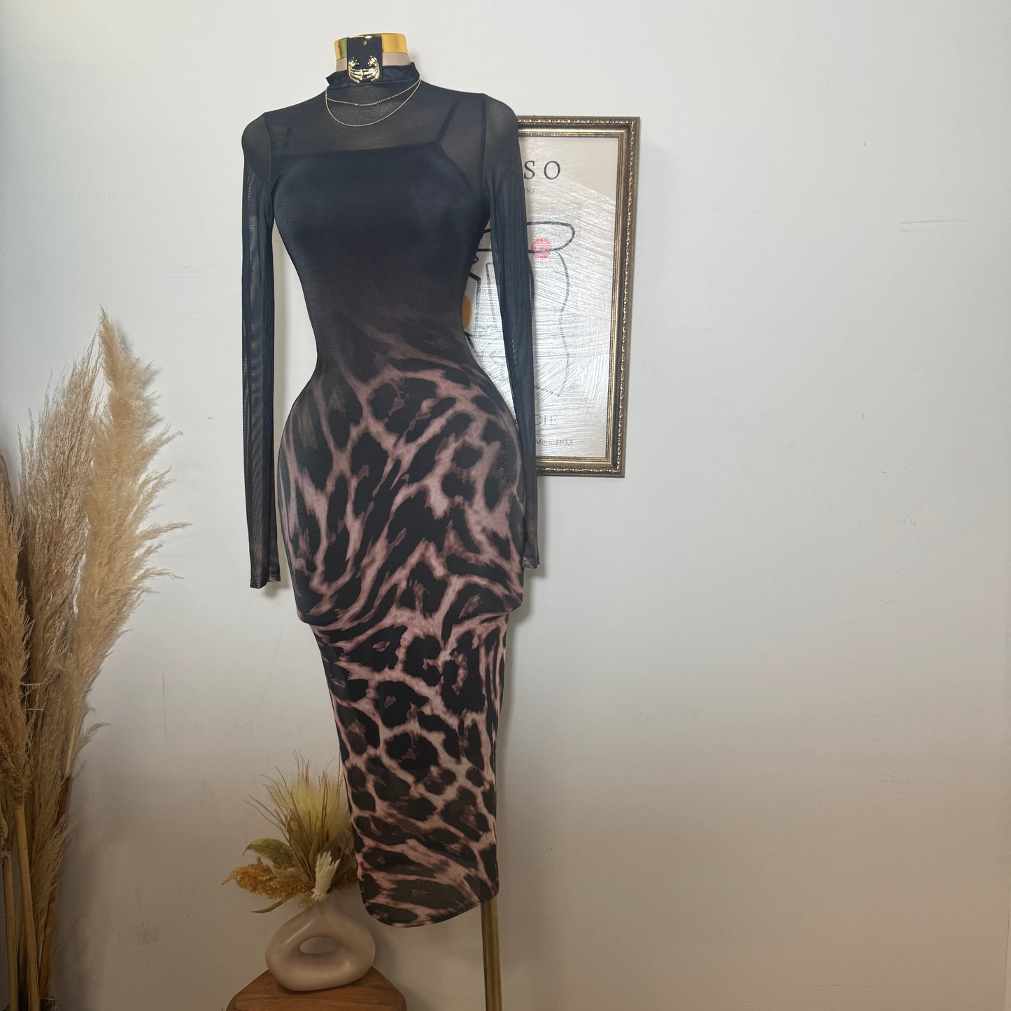 Animal Ombré Midi Mesh Dress-Black/Brown