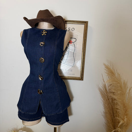 Diana Short Sleeve Denim Set-Blue