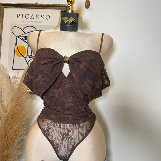 Lace Gold Trim Inset Off shoulder bodysuit-Brown
