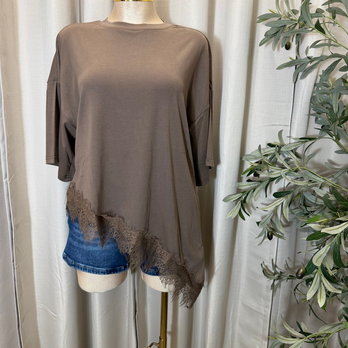 Short sleeve Lace Detail Oversize  Top-Brown