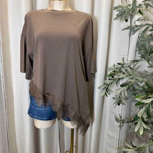 Short sleeve Lace Detail Oversize  Top-Brown