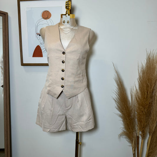 Vamonos Linen Short Vest Set-Khaki
