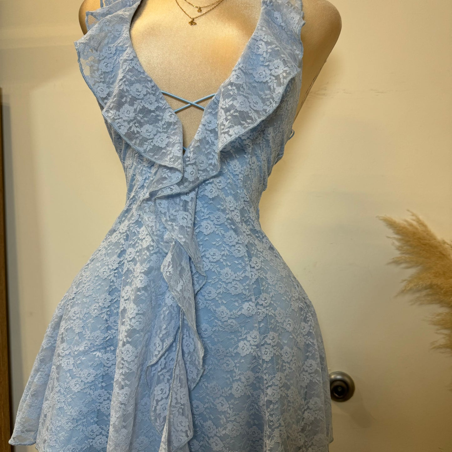 Amy Lace Halter Dress-Baby Blue