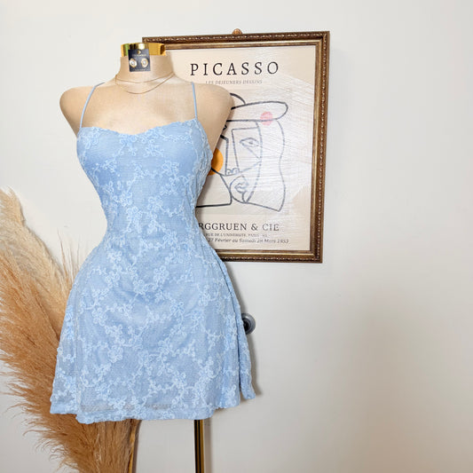 Fleur Faux Fur Tape Flare Mini Dress-Baby Blue