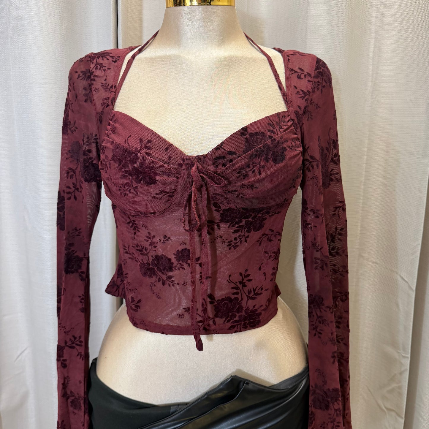 Floral pattern Long sleeve Mesh Top-burgundy