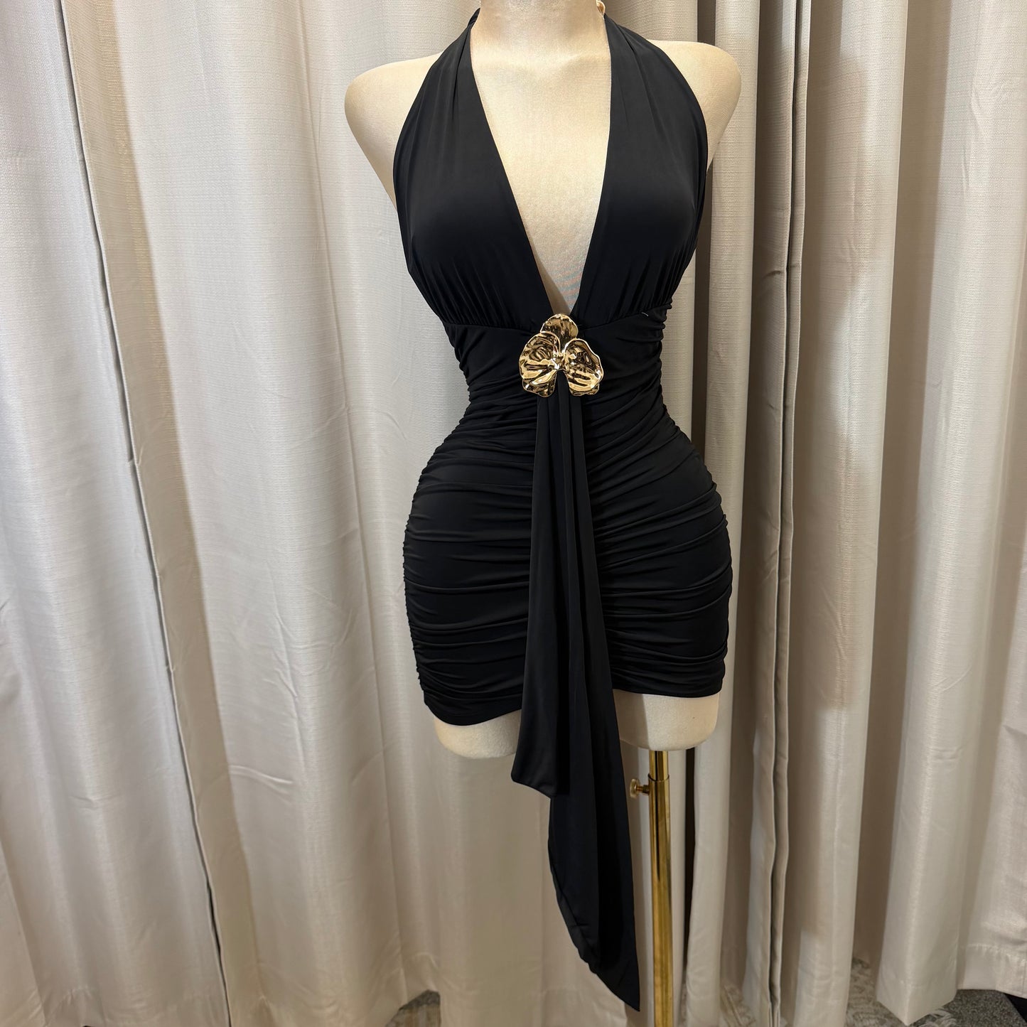 Orchid Halter Ruched front panel Mini Dress-Black