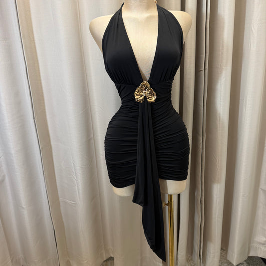 Orchid Halter Ruched front panel Mini Dress-Black