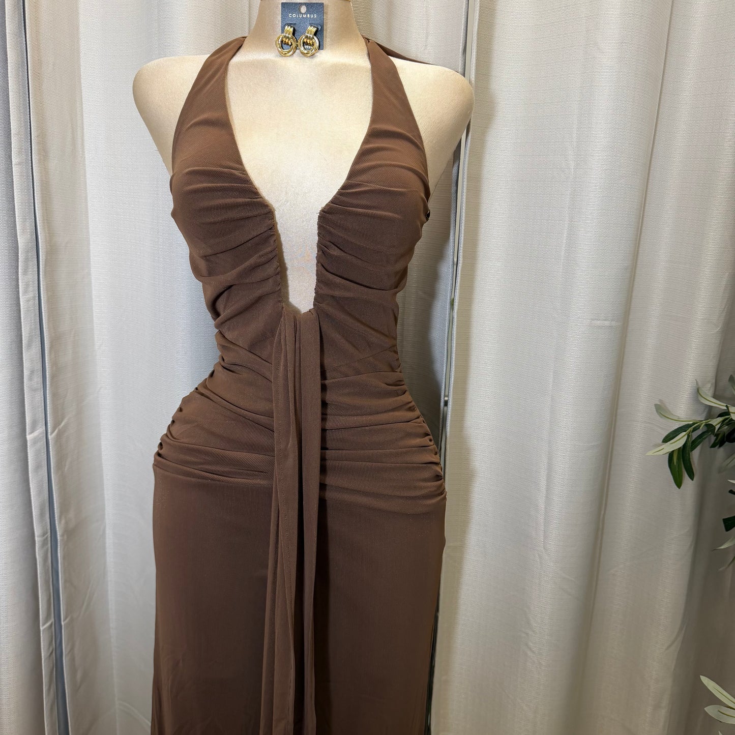 HALTER NECK WIRE WITH SASH JUMPSUIT-Brown