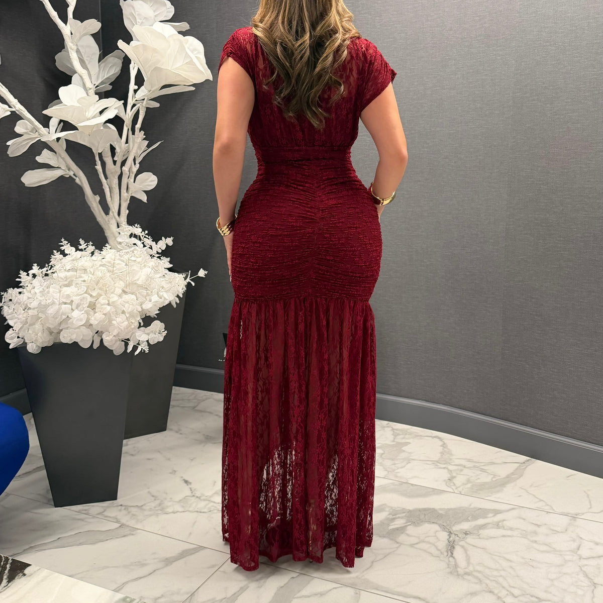 PL-Lace Maxi Short sleeve Dress-Burgundy