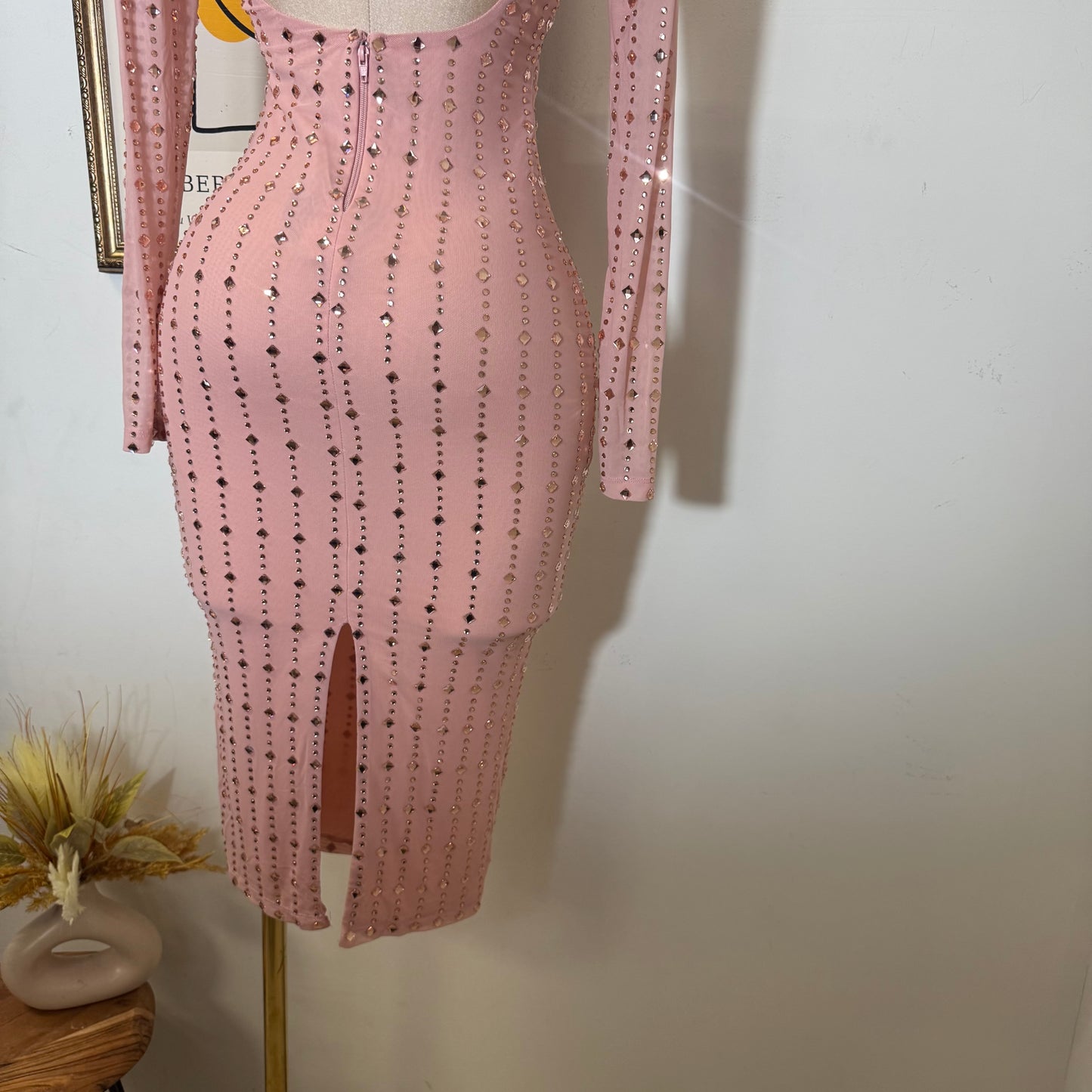 Square Rhinestone On Mesh Midi Dress-Pink