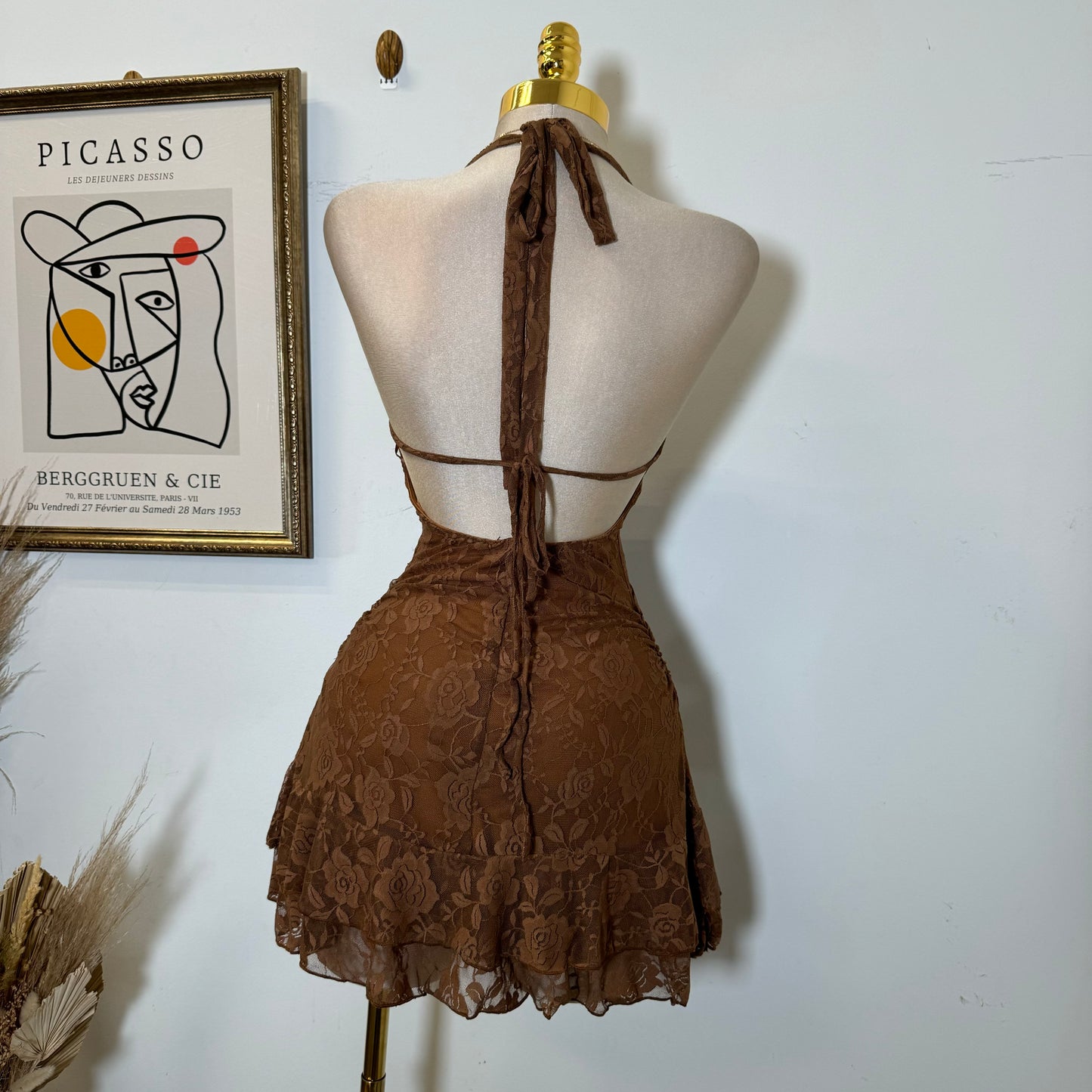 Amy Lace Halter Dress-Brown