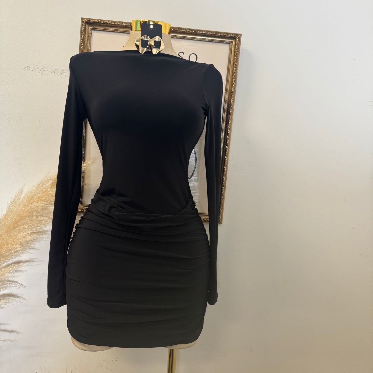 Long Sleeve Ruched Mini Dress-Black
