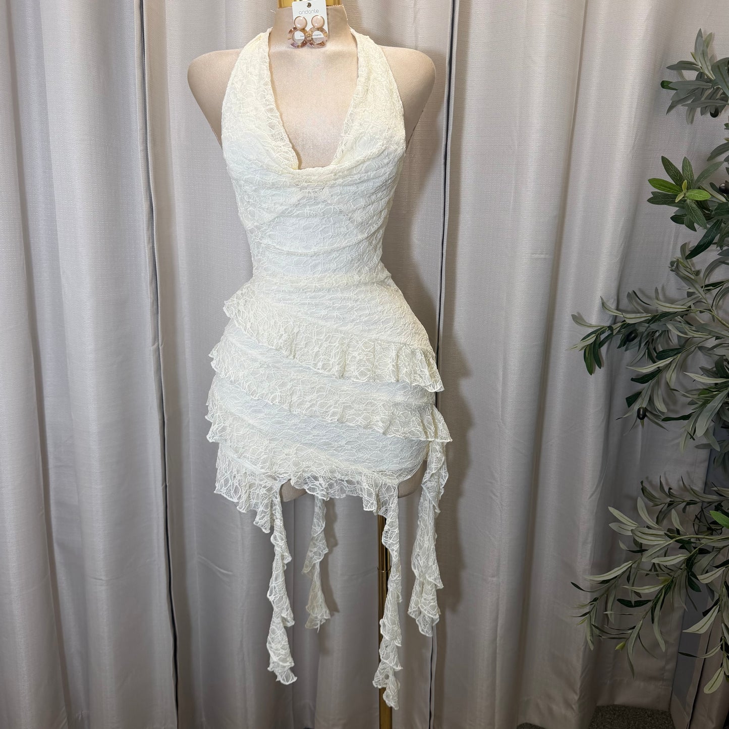 Halter lace mini dress with layered skirt-Ivory