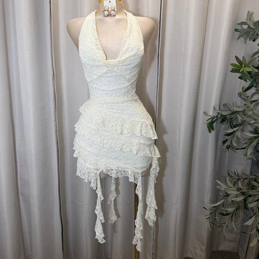 Halter lace mini dress with layered skirt-Ivory