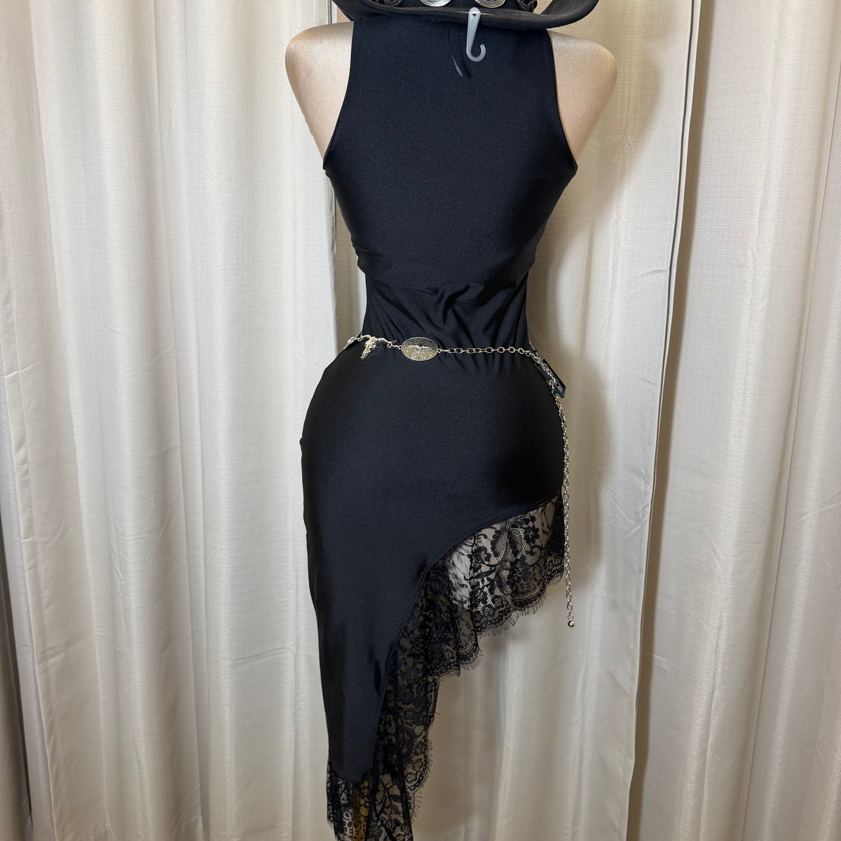 Mock neck Asymmetrical lace Detail Dress-Black