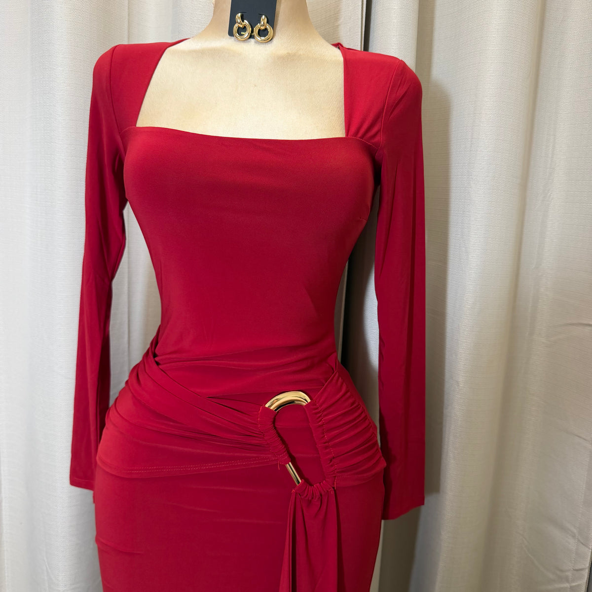 Square Neck Gold Trim Midi Dress-Burgundy