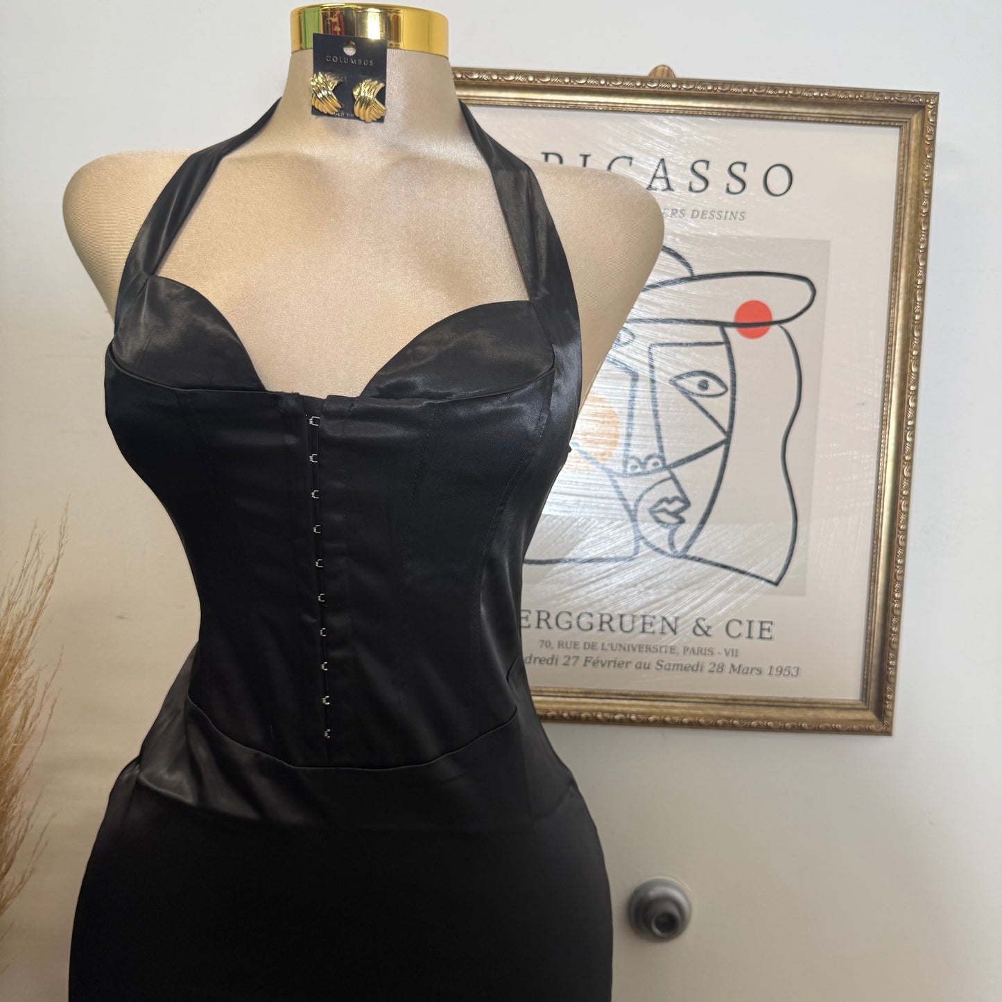 Corset Halter Satin Dress-Black
