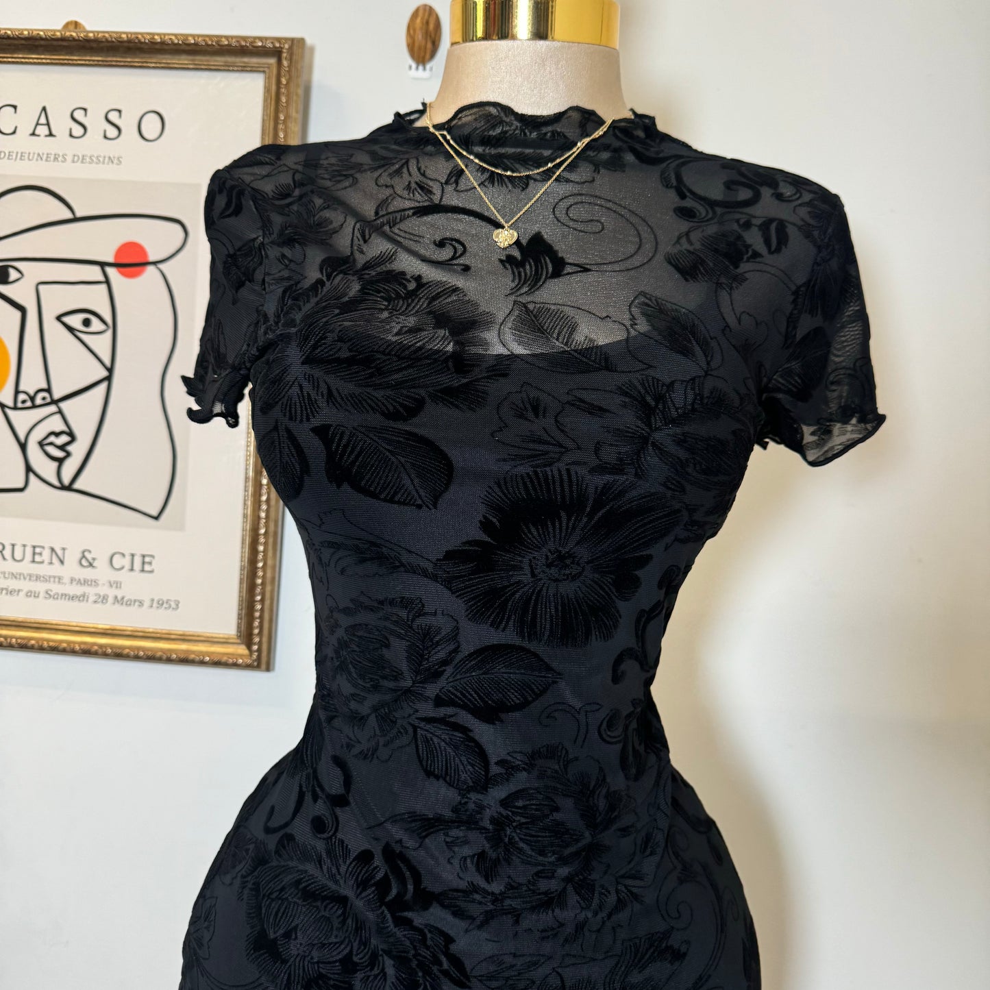 Luxi Mesh Flower Print Dress-Black1